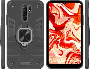 Hello Case ETUI PANCERNE DO XIAOMI REDMI 9 CZARNE OBUDOWA ARMOR HOLDER RING SZKŁO 9H 2