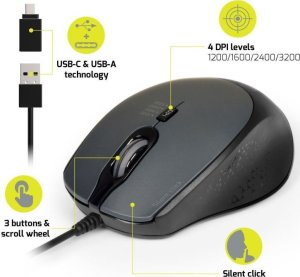 Mysz Port Designs PORT optická myš SILENT, USB-A/USB-C, 3600 DPI, černá 5