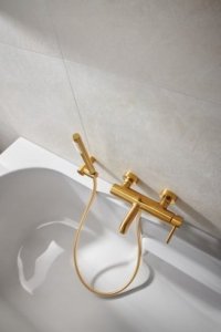 Bateria wannowa KFA BATERIA MOZA WANNOWA ŚCIENNA, POZIOMA, BRUSHED GOLD Z KOMPLETEM NATRYSKOWYM PUNKTOWYM PREMIUM 2