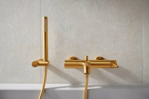 Bateria wannowa KFA BATERIA MOZA WANNOWA ŚCIENNA, POZIOMA, BRUSHED GOLD Z KOMPLETEM NATRYSKOWYM PUNKTOWYM PREMIUM 3