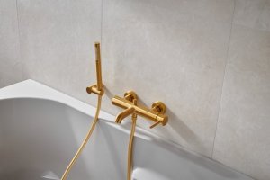 Bateria wannowa KFA BATERIA MOZA WANNOWA ŚCIENNA, POZIOMA, BRUSHED GOLD Z KOMPLETEM NATRYSKOWYM PUNKTOWYM PREMIUM 4