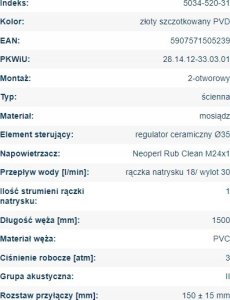 Bateria wannowa KFA BATERIA MOZA WANNOWA ŚCIENNA, POZIOMA, BRUSHED GOLD Z KOMPLETEM NATRYSKOWYM PUNKTOWYM PREMIUM 6