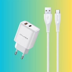 Ładowarka Awei AWEI ład. siec. PD81L-EU 22.5W + kabel USB + Lightning biała/white GaN 4