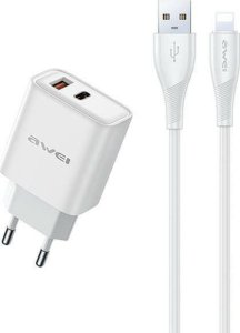 Ładowarka Awei AWEI ład. siec. PD81L-EU 22.5W + kabel USB + Lightning biała/white GaN 7