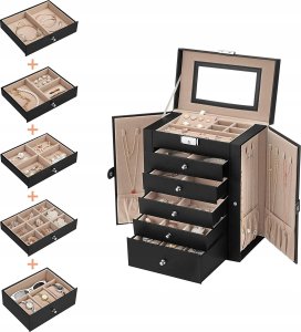 Songmics Pudełko Na Biżuterię 6 Poziomów, Pudełko Na Biżuterię Z 5 Szufladami, Duża Pojemność, Z Lustrem, Zamykane, Organizator Do Przech 2