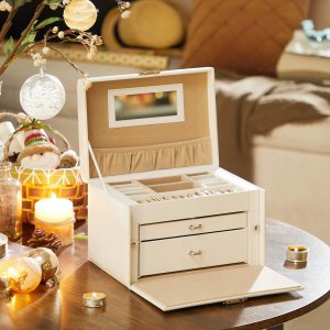 Songmics Pudełko Na Biżuterię, Organizer Z 2 Szufladami, Zamykane Etui Z Lusterkiem, Przenośne Etui Podróżne, Na Pierścionki, Bransoletki 3