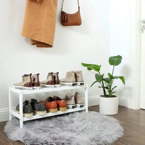 Songmics Naturalny bambus 2-poziomowy stojak na buty, półka do butów Rośliny Książki, do salonu do sypialni łazienka, 70 x 26 x 33 cm, bi 2