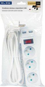 Blow 98-080# Przedłużacz sieciowy pr-370wsp/usb 3-gniazda+usb z uziemieniem+wyłącznik 1,5m biały 3x1,5mm 2