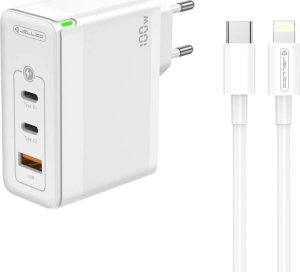 Ładowarka Jellico Ładowarka Sieciowa GaN 100W 1x QC3.0 USB + 2x PD USB-C Jellico C118 + Kabel USB-C - Lightning białe 1