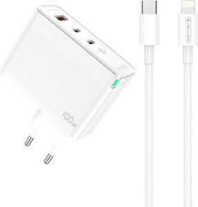 Ładowarka Jellico Ładowarka Sieciowa GaN 100W 1x QC3.0 USB + 2x PD USB-C Jellico C118 + Kabel USB-C - Lightning białe 7