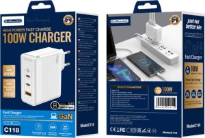 Ładowarka Jellico Ładowarka Sieciowa GaN 100W 1x QC3.0 USB + 2x PD USB-C Jellico C118 biała 2