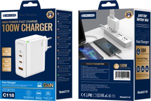 Ładowarka Jellico Ładowarka Sieciowa GaN 100W 1x QC3.0 USB + 2x PD USB-C Jellico C118 biała 3