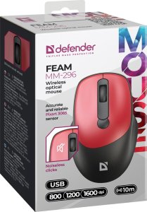 Mysz Defender Mysz bezprzewodowa, Defender FEAM MM-296, czarno-czerwona, optyczna, 1600DPI 3