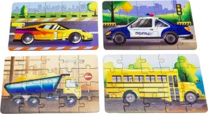 PuzzleOK Drewniane Puzzle 4w1 Pojazdy Układanka Zestaw Środki Transportu Samochody 2