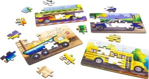 PuzzleOK Drewniane Puzzle 4w1 Pojazdy Układanka Zestaw Środki Transportu Samochody 3