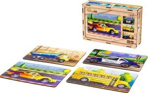 PuzzleOK Drewniane Puzzle 4w1 Pojazdy Układanka Zestaw Środki Transportu Samochody 4
