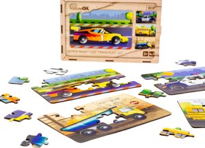 PuzzleOK Drewniane Puzzle 4w1 Pojazdy Układanka Zestaw Środki Transportu Samochody 6