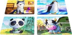 PuzzleOK Drewniane Puzzle 4w1 Zwierzęta Układanka Zestaw Krówka Piesek Panda Pingwin 2
