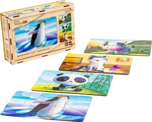 PuzzleOK Drewniane Puzzle 4w1 Zwierzęta Układanka Zestaw Krówka Piesek Panda Pingwin 3
