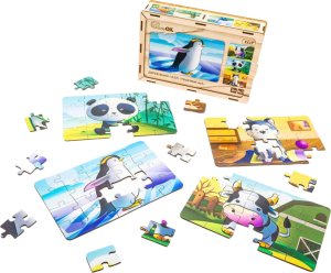 PuzzleOK Drewniane Puzzle 4w1 Zwierzęta Układanka Zestaw Krówka Piesek Panda Pingwin 4