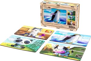 PuzzleOK Drewniane Puzzle 4w1 Zwierzęta Układanka Zestaw Krówka Piesek Panda Pingwin 5