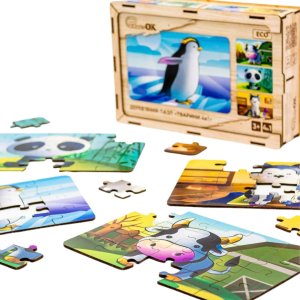 PuzzleOK Drewniane Puzzle 4w1 Zwierzęta Układanka Zestaw Krówka Piesek Panda Pingwin 6