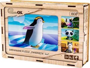 PuzzleOK Drewniane Puzzle 4w1 Zwierzęta Układanka Zestaw Krówka Piesek Panda Pingwin 7