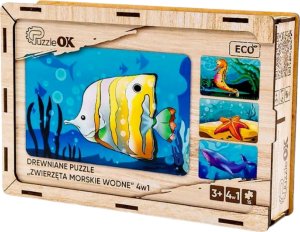 PuzzleOK Drewniane Puzzle 4w1 Zwierzęta Morskie Wodne Układanka Zestaw 6