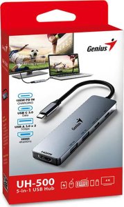 HUB USB Genius USB (3.0) hub 5-port, UH-500, szary, Genius, 2x USB 3.0,1x HDMI,2x USB-C,Power Delivery 100W 2