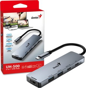 HUB USB Genius USB (3.0) hub 5-port, UH-500, szary, Genius, 2x USB 3.0,1x HDMI,2x USB-C,Power Delivery 100W 3