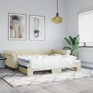 vidaXL Sofa rozsuwana z materacami, kremowa, 90x200 cm, sztuczna skóra 1