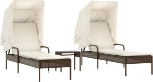 vidaXL Leżaki z zadaszeniem i stolikiem, 2 szt., brązowe, polirattan 2