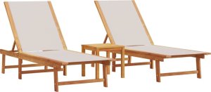 vidaXL Leżaki ze stolikiem, 2 szt., szare, drewno akacjowe i textilene 2