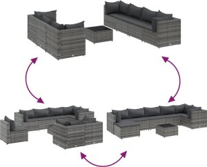 vidaXL 8-cz. zestaw wypoczynkowy do ogrodu, poduszki, rattan PE, szary 7