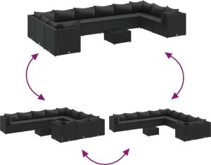vidaXL 11-cz. zestaw mebli do ogrodu, z poduszkami, czarny rattan PE 6