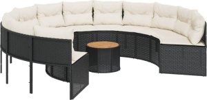 vidaXL Sofa ogrodowa, stolik i poduszki, okrągła, czarny rattan PE 2