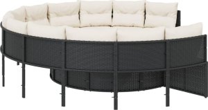 vidaXL Sofa ogrodowa, stolik i poduszki, okrągła, czarny rattan PE 6
