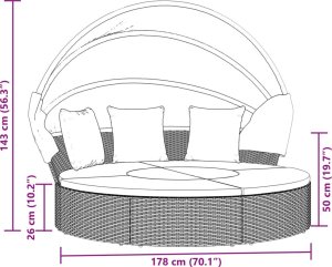 vidaXL Leżanka ogrodowa z baldachimem i poduszkami, brązowa, rattan PE 8