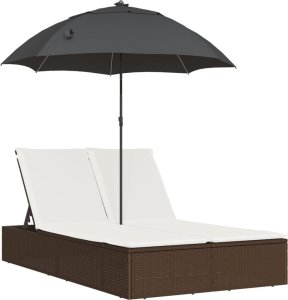 vidaXL Podwójna leżanka z poduszkami i parasolem, brązowa, polirattan 2