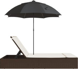 vidaXL Podwójna leżanka z poduszkami i parasolem, brązowa, polirattan 5