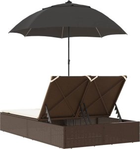 vidaXL Podwójna leżanka z poduszkami i parasolem, brązowa, polirattan 6