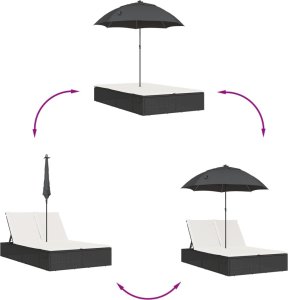 vidaXL Podwójna leżanka z poduszkami i parasolem, brązowa, polirattan 7