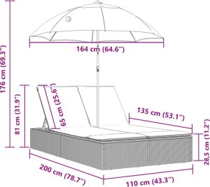 vidaXL Podwójna leżanka z poduszkami i parasolem, brązowa, polirattan 9