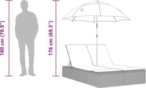 vidaXL Podwójna leżanka z poduszkami i parasolem, brązowa, polirattan 10