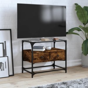 vidaXL Szafka pod TV ze szklanym blatem, przydymiony dąb, 60x35x51 cm 1