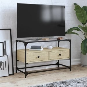 vidaXL Szafka pod TV ze szklanym blatem, dąb sonoma, 80x35x51 cm 1