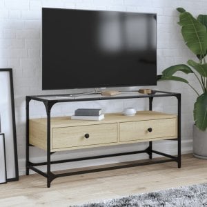 vidaXL Szafka pod TV ze szklanym blatem, dąb sonoma, 98x35x51 cm 1