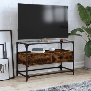 vidaXL Szafka pod TV ze szklanym blatem, przydymiony dąb, 80x35x51 cm 1