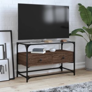 vidaXL Szafka pod TV ze szklanym blatem, brązowy dąb, 80x35x51 cm 1