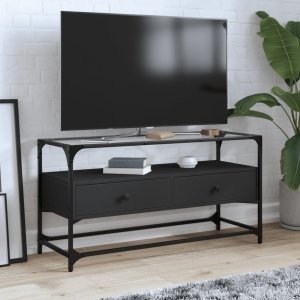 vidaXL Szafka pod TV ze szklanym blatem, czarna, 98x35x51 cm 1